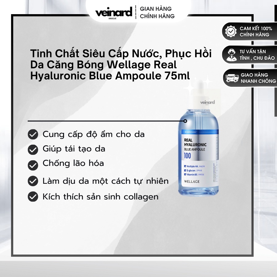Tinh chất dưỡng da Wellage Real Hyaluronic Blue Ampoule 100 75ml (TẶNG NẠ)