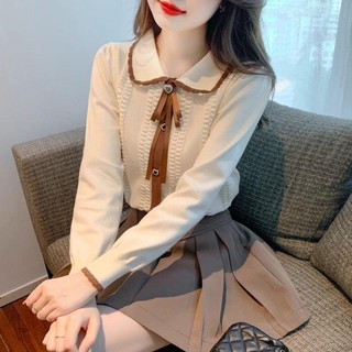 Áo sweater Cổ Búp Bê Tay Dài Đính Nơ Thời Trang Thu Đông Cho Nữ