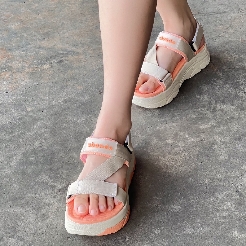 Giày Sandal Nữ Tanky Shondo Be Cam Đế Cao, Êm Bền TAN2580