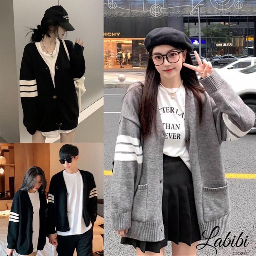 Áo Khoác Cardigan Len Phối Tay 3 Sọc Có Túi, Labibi