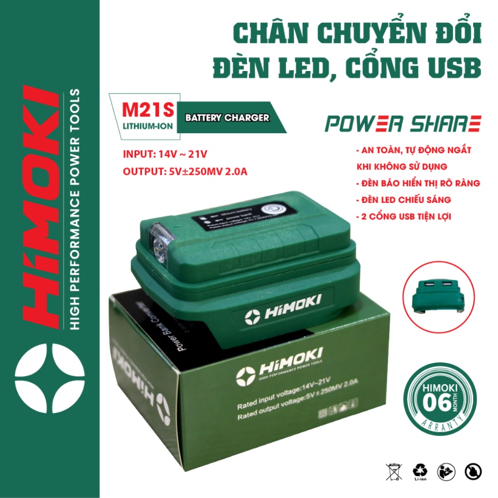 [Chính hãng] Bộ chuyển đổi từ pin máy khoan sang sạc điện thoại Himoki thiết kế nhỏ gọn tích hợp 2 cổng USB có đèn chiếu