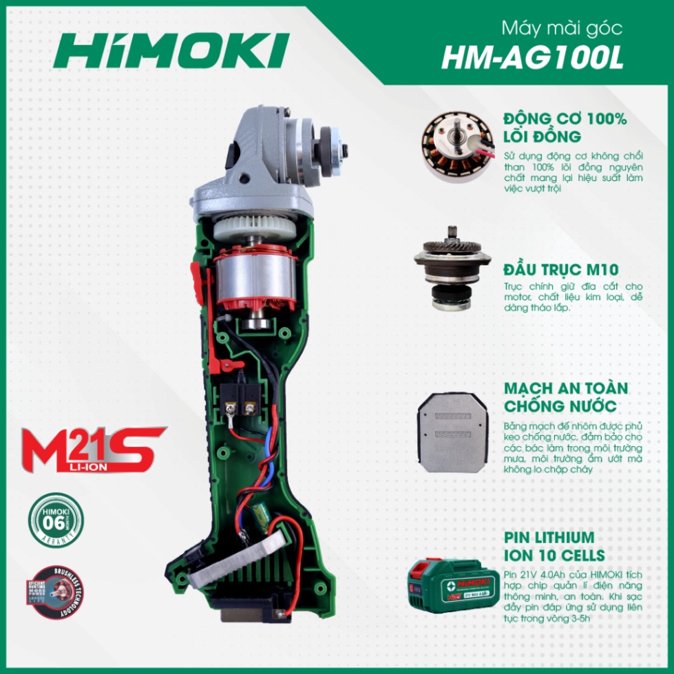 [Chính hãng] Thân máy mài pin Himoki AG100L Không chổi than - Chân pin phổ thông bảo hành chính hãng