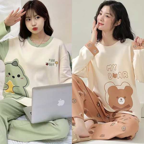 Bộ Đồ Ngủ Tay Dài Chất Liệu 100% cotton Nguyên Chất Thời Trang Thu Đông 2023 Dễ Thương Cho Nữ
