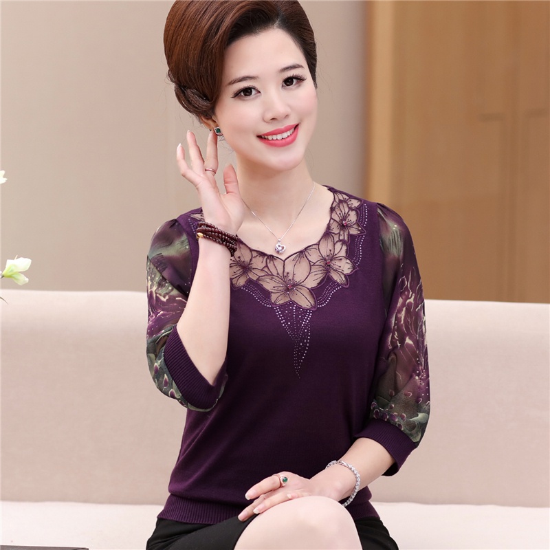 Áo thun mẹ xuân thu nữ trung niên áo len gạc tay 40-50 tuổi nạm kim cương thời trang cao cấp