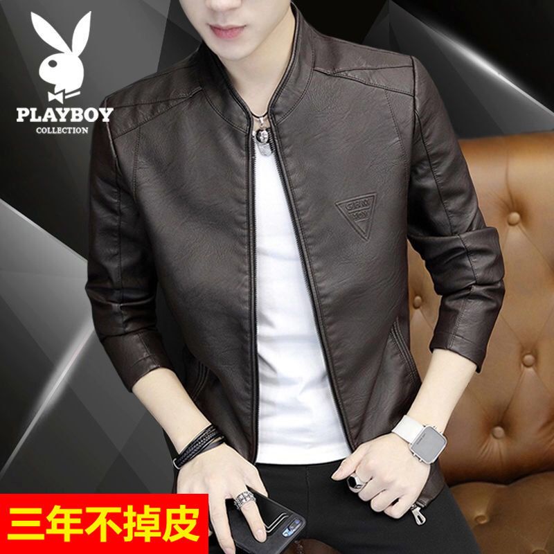 Playboy Áo Khoác Bóng Chày Bằng Da Lót Lông Cừu Dày Dặn Dáng Ôm Thời Trang Cho Nam/Áo Khoác Bóng Chà