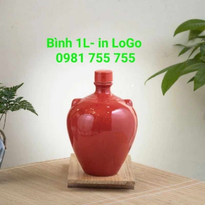 Chum rượu 1L,bình rượu men Đỏ Gốm Sứ Bát Tràng [ in logo ]