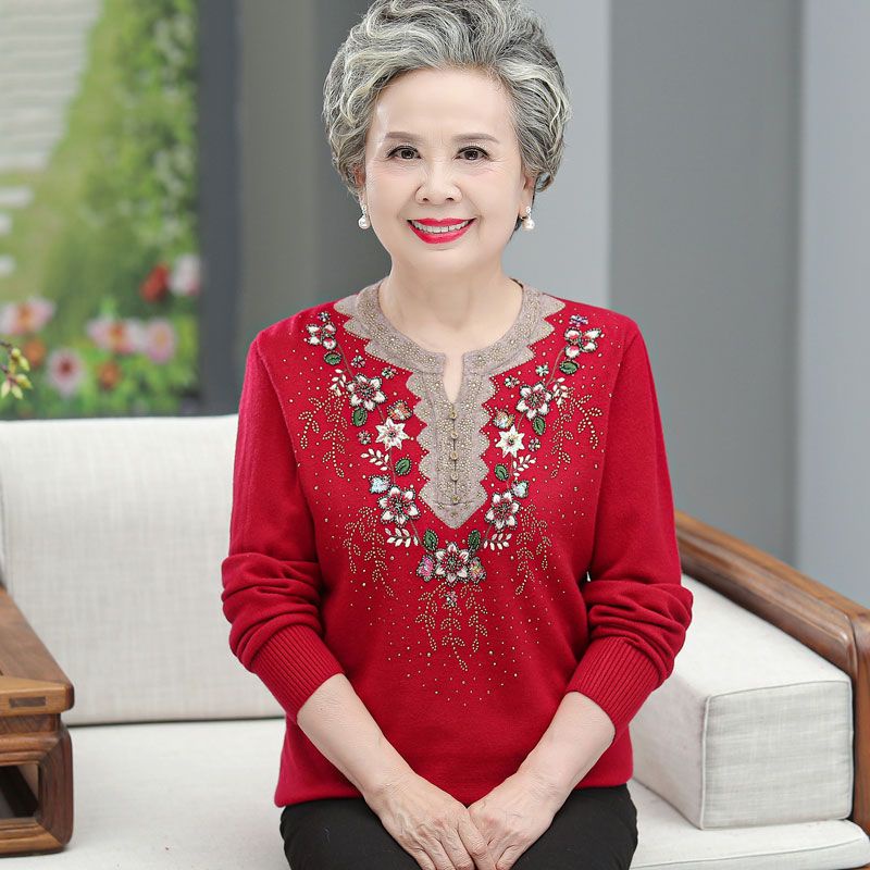 Áo len dệt kim màu đỏ của mẹ thời trang dành cho bà trung niên và người lớn tuổi áo hoa size lớn 2023