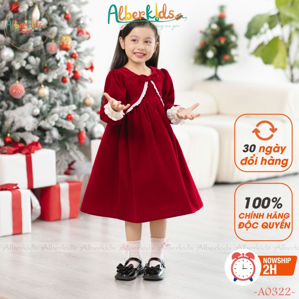 Váy bé gái tay ren cổ nơ nhung ALBERKIDS công chúa xinh đẹp cho trẻ em 2,3,4,5,6,7,8,9,10,11,12 tuổi A0322