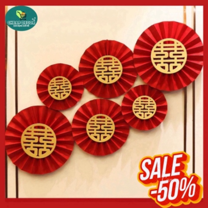 Set 6 quạt giấy đỏ cao cấp, trang trí đám cưới, lễ hội, Tết, trang trí năm mới - Trang Trí Tết 2024