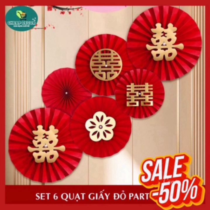 Set 6 quạt giấy đỏ cao cấp, trang trí đám cưới, lễ hội, Tết, trang trí năm mới - Trang Trí Tết 2024