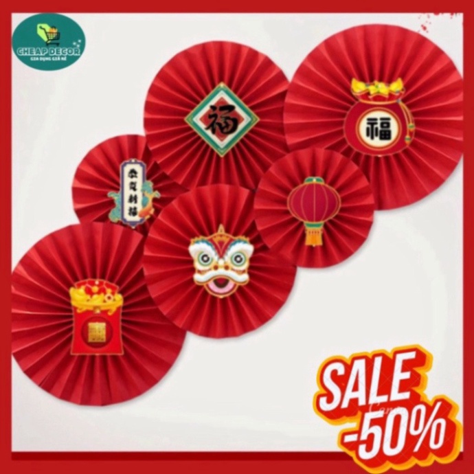 Set 6 quạt giấy đỏ cao cấp, trang trí đám cưới, lễ hội, Tết, trang trí năm mới - Trang Trí Tết 2024