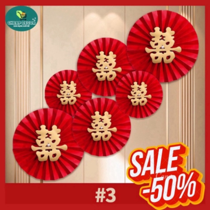 Set 6 quạt giấy đỏ cao cấp, trang trí đám cưới, lễ hội, Tết, trang trí năm mới - Trang Trí Tết 2024