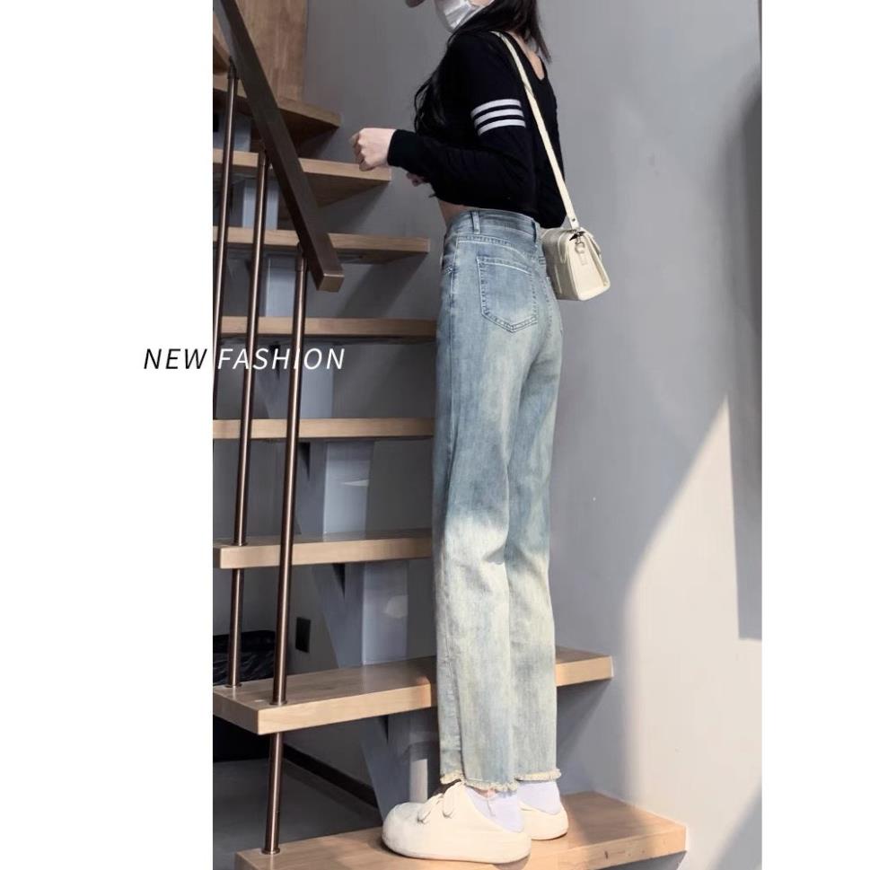 Quần jean ống đứng gấu tua rua , Quần bò ống đứng xanh nhạt lưng cao gấu có tua rua siêu kute S27