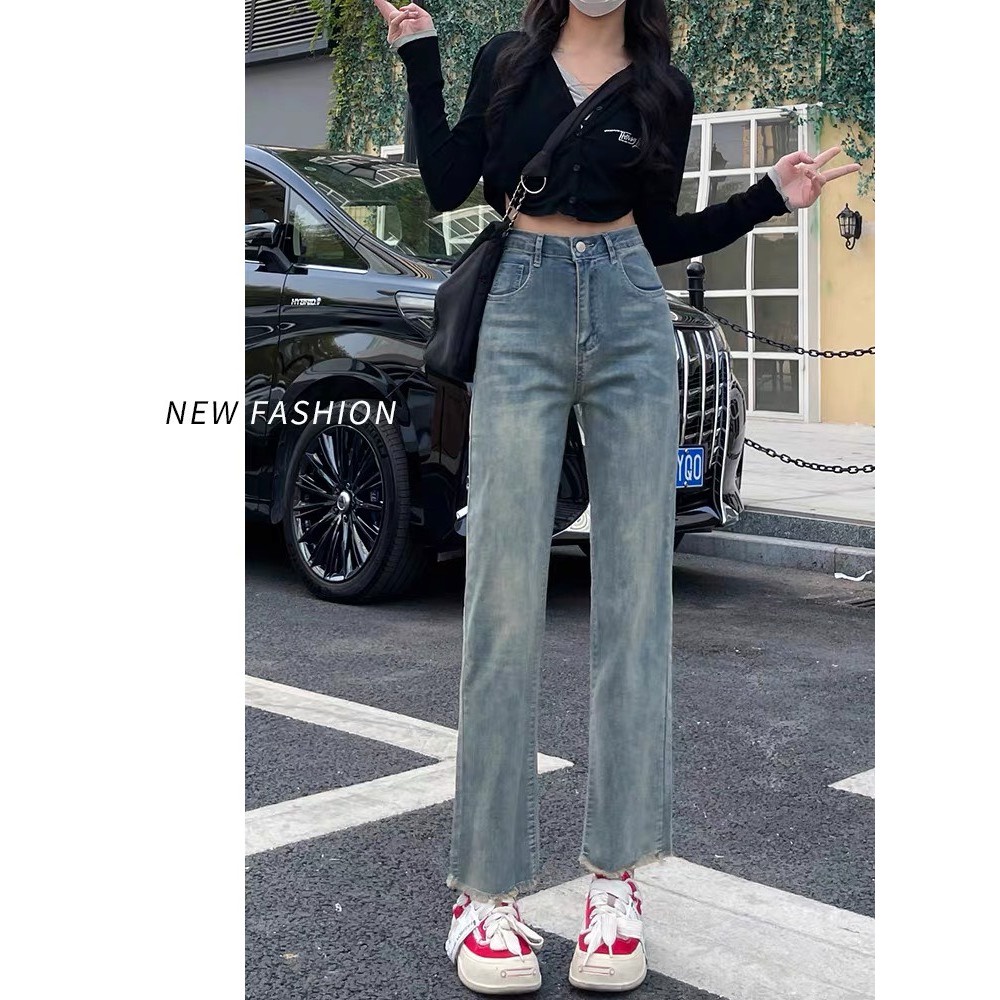 Quần jean ống đứng gấu tua rua , Quần bò ống đứng xanh nhạt lưng cao gấu có tua rua siêu kute S27