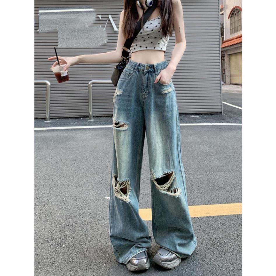 Quần jean ống đứng gấu tua rua , Quần bò ống đứng xanh nhạt lưng cao gấu có tua rua siêu kute S27