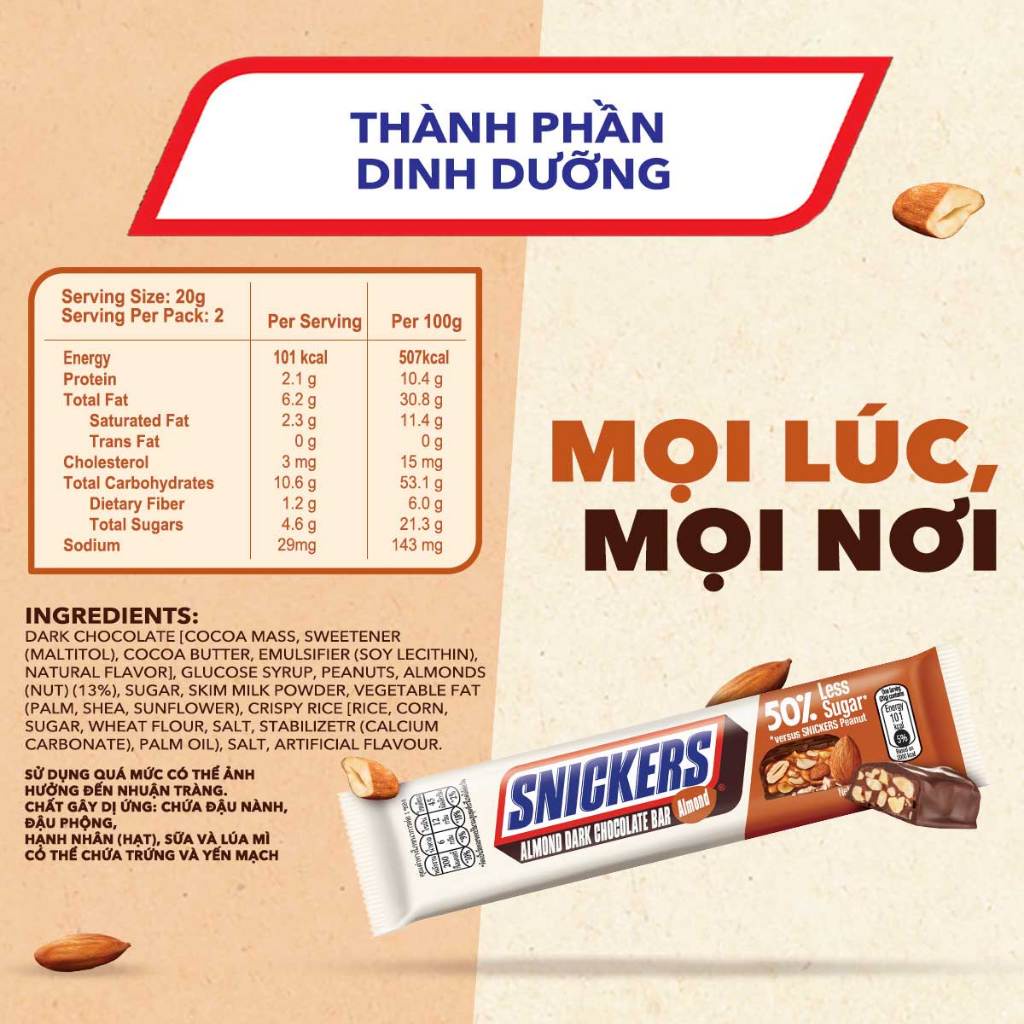 Kẹo Sô Cô La Snickers Hạnh nhân Giảm đường thanh 40g