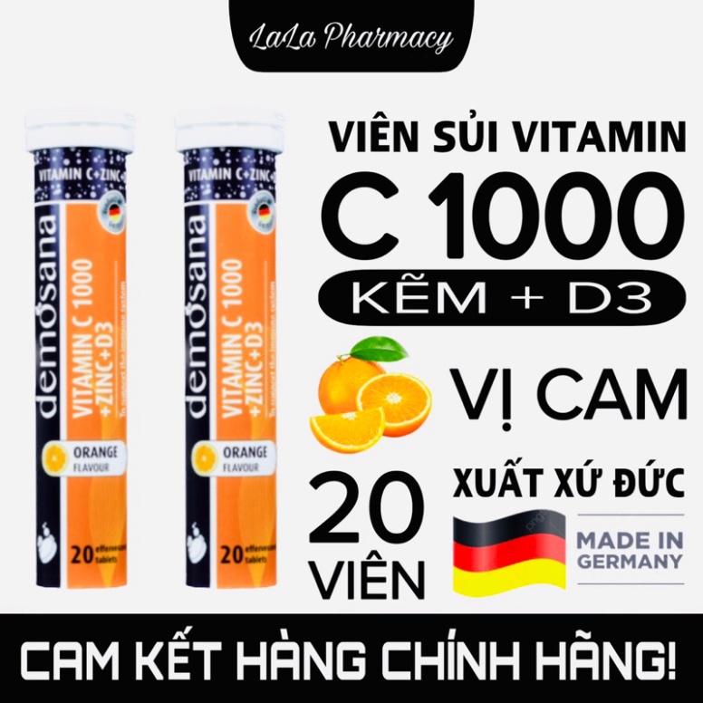 Viên sủi Vitamin C 1000mg + Kẽm + D3 vị cam tươi nhập khẩu CHLB Đức hỗ trợ tăng sức đề kháng tuýp 20 viên - PT1