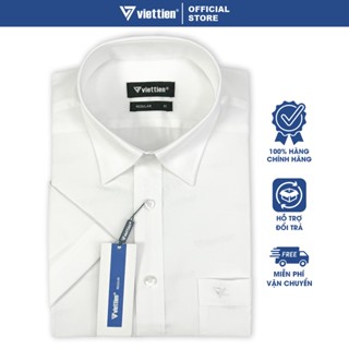 VIỆT TIẾN SALE - Áo Sơ Mi Viettien Tay Ngắn, Màu Trơn Trắng, Form Regular, Lai Bầu, Quà Tặng Nam