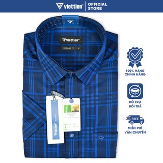 VIỆT TIẾN SALE - Áo Sơ Mi Viettien Tay Ngắn, Màu Caro Xanh Navy, Form Regular Fit, Lai Ngang