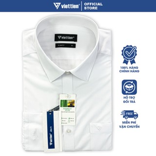 VIỆT TIẾN SALE - Áo Sơ Mi Viettien Tay Dài, Màu Trơn Trắng, Form Slim Fit, Lai Bầu, Quà Tặng Nam