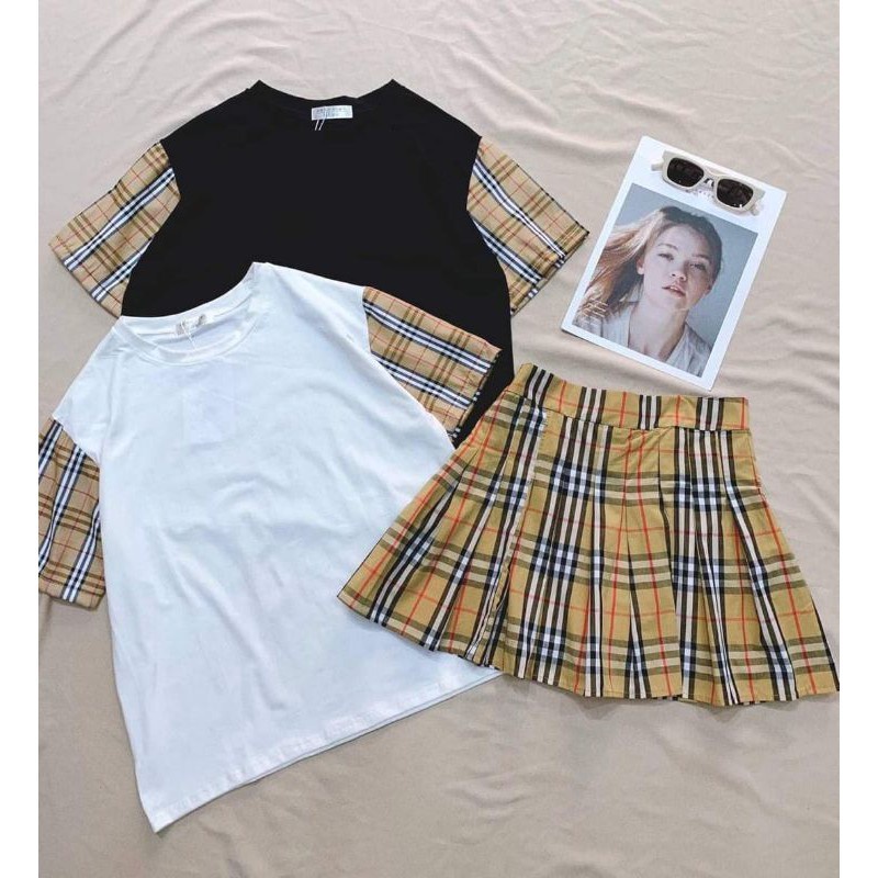 💃 Bộ Chân Váy Áo Phông Phối Kẻ Sọc Set Áo Váy Ngắn Nữ 2 Màu B03 ok