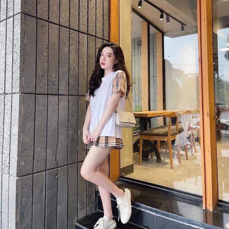 💃 Bộ Chân Váy Áo Phông Phối Kẻ Sọc Set Áo Váy Ngắn Nữ 2 Màu B03 ok