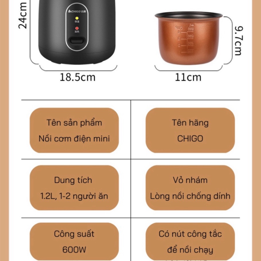 Nồi cơm điện mini tráng chống dính CHIGO, nấu hầm súp cháo đa năng, dung tích 1,2L phù hợp cho 2 người ăn 2023