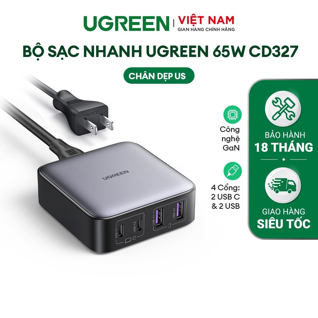 Bộ sạc máy tính/ điện thoại UGREEN 65W CD327| Sạc nhanh 4 cổng USB| Công nghệ GaN|| BH 18 tháng 1 đổi 1| 90735 90747