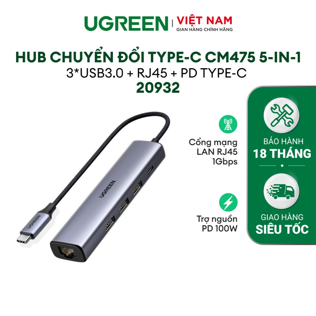 USB 5 trong 1 type C ra Usb3.0 + Rj45 1000M gigabits Ethernet + Pd Adapter Ugreen CM475 20932