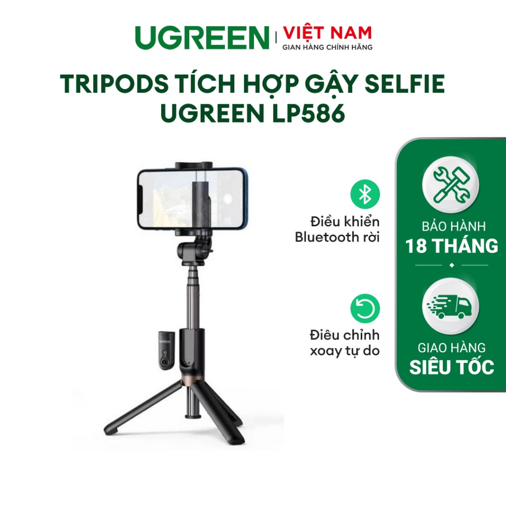 Tripods tích hợp gậy selfie UGREEN LP586 | Điều khiển Bluetooth rời | Dành cho điện thoại từ 4 đến 7.2 inch | 15062