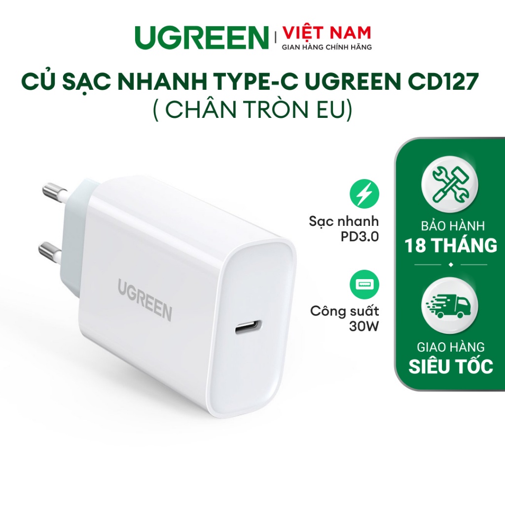 Củ sạc nhanh PD3.0 30W cổng Type C UGREEN CD127 | Sạc nhanh an toàn | Vật liệu chất lượng cao | Bảo Hành 18 Tháng 1 Đổi1