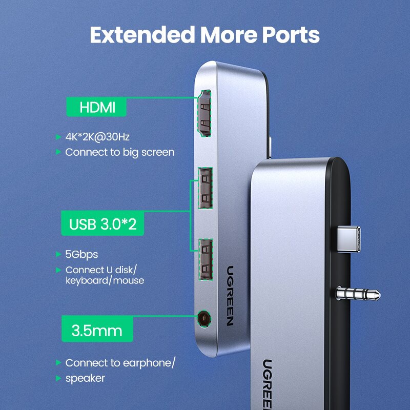 Bộ chuyển đổi Type-C sang HDMI/Hub USB 3.0/Audio 3.5mm cho Surface Go Ugreen 80332 - Hàng chính hãng - Bảo hành 24 tháng