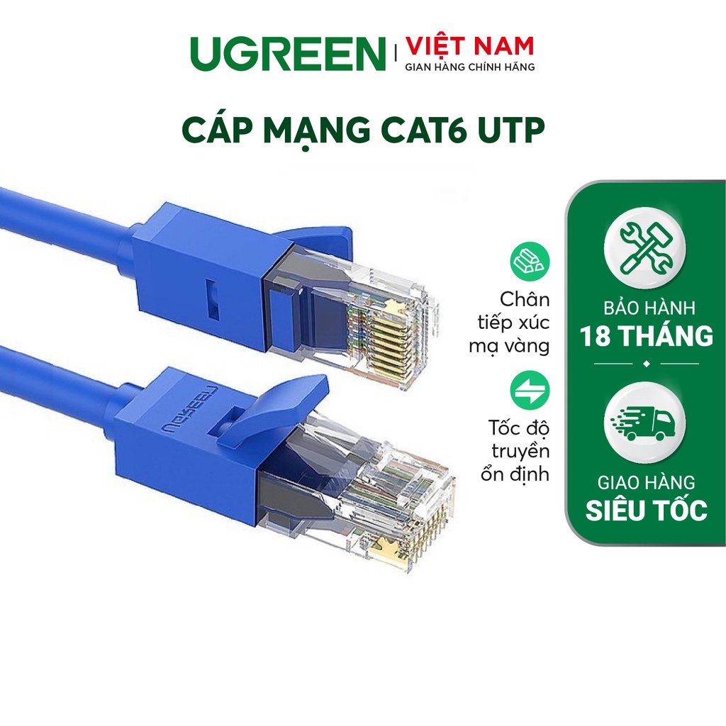 Dây cáp mạng LAN bấm sẵn 2 đầu Cat6 UTP Patch Cords UGREEN NW102 15-20m màu xanh dương - Hàng Chính Hãng- Bảo hành 18 Th