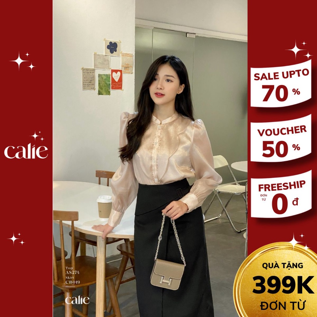 Áo sơ mi nữ dài tay cổ tàu phối đáp ngực CALIE AS274