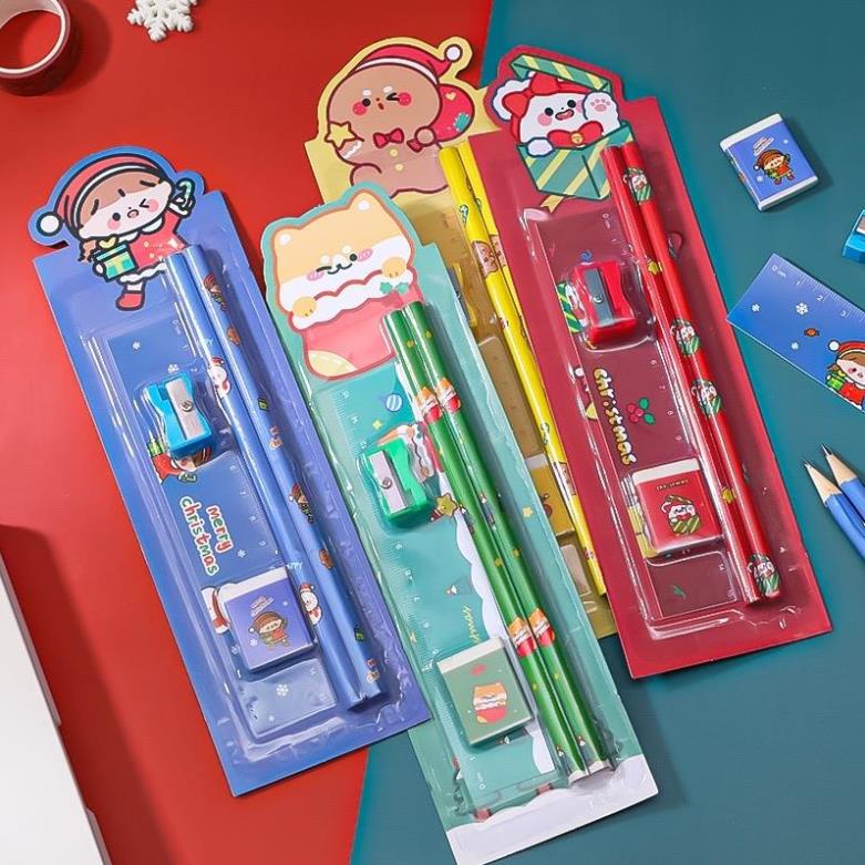 Set quà tặng noel 5 món, bộ đồ dùng học tập xinh xắn hình làm quà tặng giáng sinh cho bé yêu