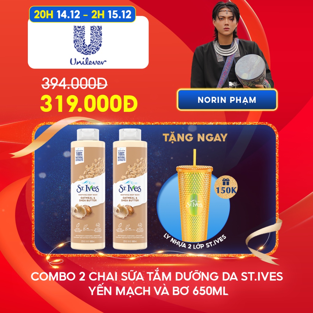 [Norin Phạm x Unilever] Combo 2 chai Sữa tắm dưỡng da St.Ives Yến mạch và bơ 650ml