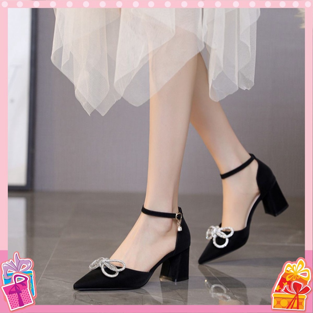 Giày Nữ Cao Gót Size 35-43 LNC75 7 Phân Đế Vuông Hai Màu Đen, Kem Gắn Nơ Siêu Sang,Tinh Tế.