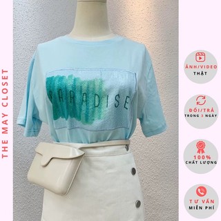 [𝐒𝐀𝐋𝐄] Áo Thun Nữ Áo Phông Cotton Tay Ngắn Cổ Tròn Paradise Thêu Nổi Đính Kim Sa (Hàng QCL1 kèm ảnh thật và video)