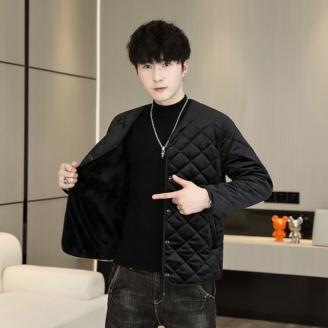 Áo Khoác Phao Đệm cotton Không Cổ Lót Nhung Mỏng Lót Bên Trong Và Ngoài Thời Trang Cho Nam
