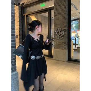 Đầm Dài Tay Ôm Dáng Phối Dây Cột Vạt Không Đều Phong Cách Mới Mùa Thu Cho Nữ @ -