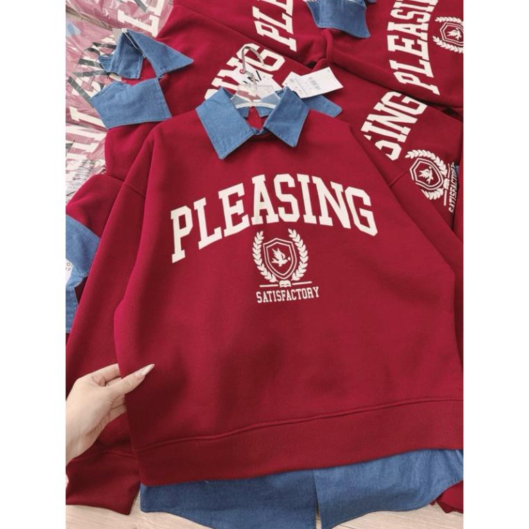 Áo nỉ in chữ pleasing phối bò denim hot