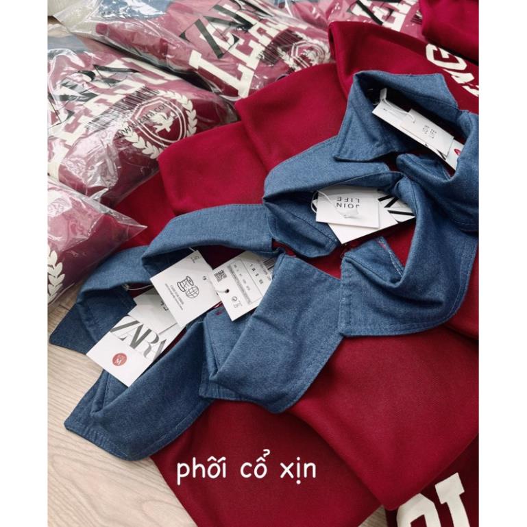 Áo nỉ in chữ pleasing phối bò denim hot