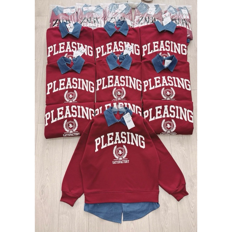 Áo nỉ in chữ pleasing phối bò denim hot