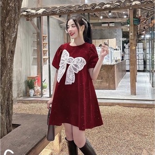 Đầm Nhung Đỏ Ảnh Thật Kim Tuyến Nơ ren khoá kéo siêu đẹp babydoll mam