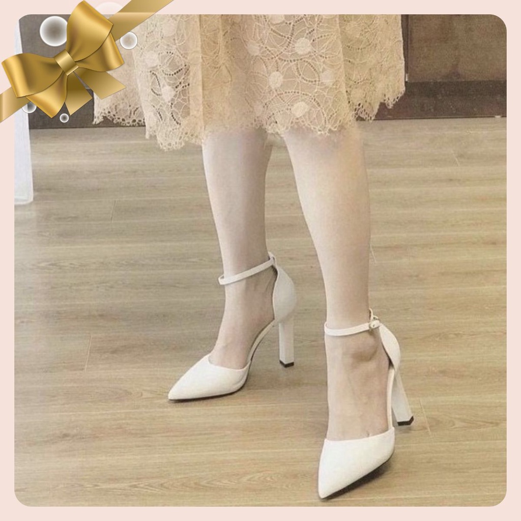 Giày Cao Gót Size 35-43 Nữ TLC72 Đế Vuông 7P hai màu đen, kem sang trọng quý phái