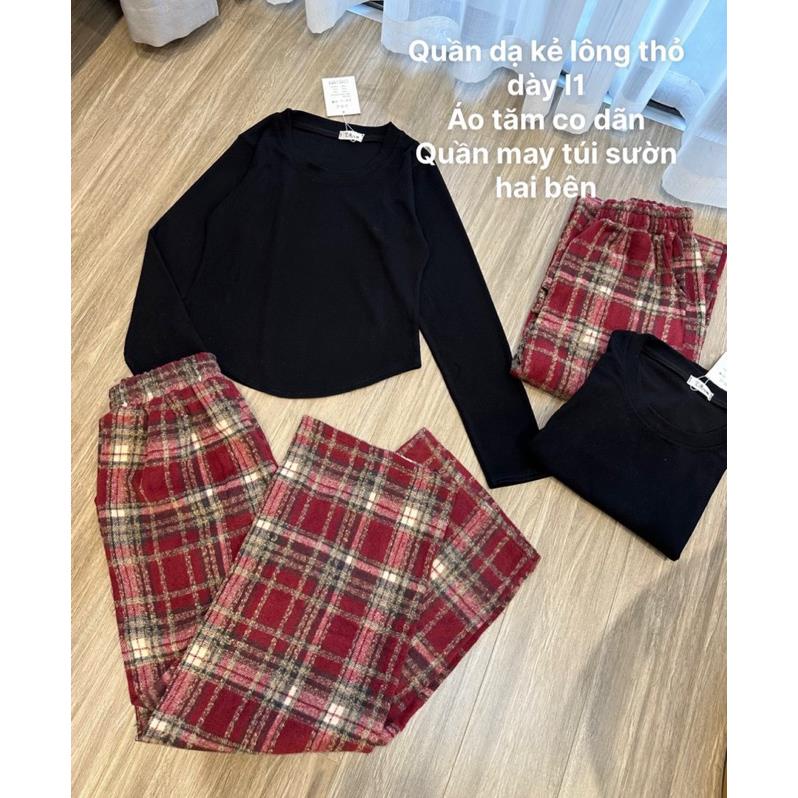 Bộ áo tăm zip lông màu đen mix quần dạ kẻ hot