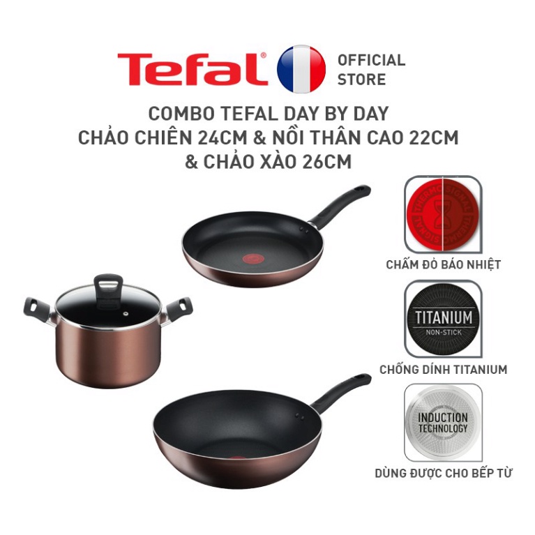 Bộ 3 Tefal Day By Day Chảo chiên 24cm &amp; Nồi thân cao 22cm &amp; Chảo xào 26cm