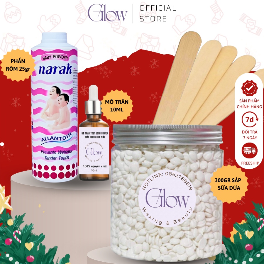 Combo Sáp Wax Lông Sữa Dừa 300gr + Mỡ Trăn Hoa Nhài 10ml + Phấn Rôm 25Gr Siêu Tiết Kiệm GLOWWAXING CHE TÊN SẢN PHẨM