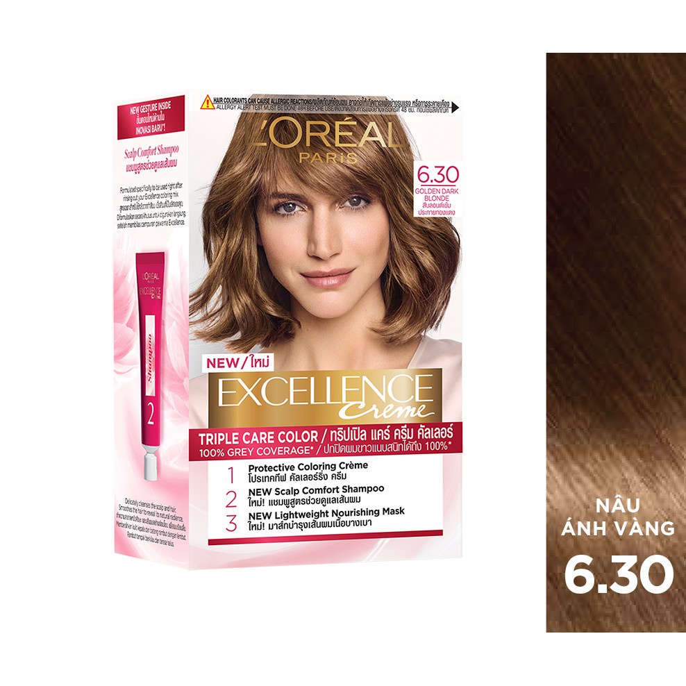 Kem Nhuộm Tóc Phủ Bạc L'oreal Paris Excellence Creme 6.30 Nâu Ánh Vàng 172ml
