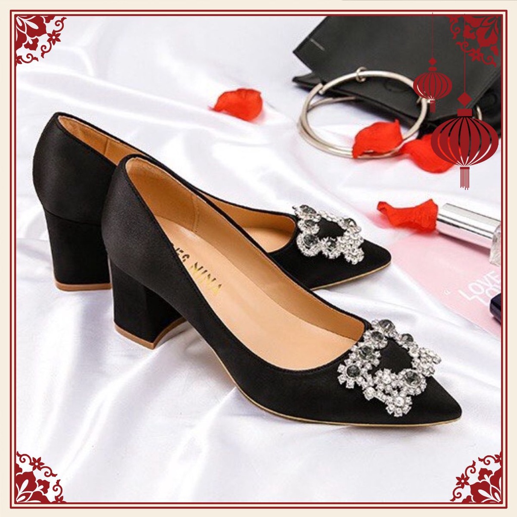 Giày Cao Gót SIZE 40 - 43 LTC61 BIG SIZE, CAO 5P, CÓ 2 MÀU ĐEN KEM, Thời Trang Đá Lấp Lánh Trẻ Trung.